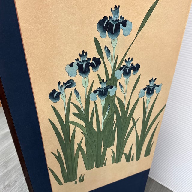 Silk Dupion Folding Screen With Hand Painted Irises For Sale - Image 12 of 13