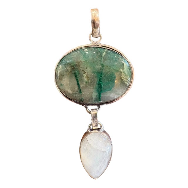 Vintage Sterling Silver Pendant Featuring Emerald in Matrix Stone and Moonstone For Sale