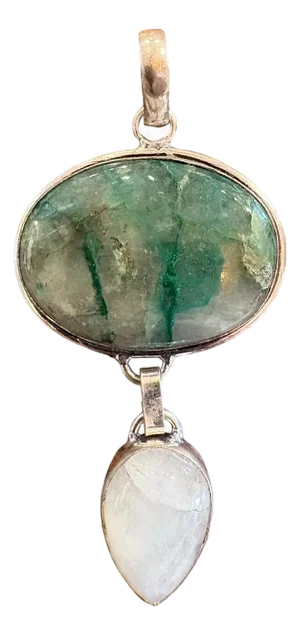 Vintage Sterling Silver Pendant Featuring Emerald in Matrix Stone and Moonstone