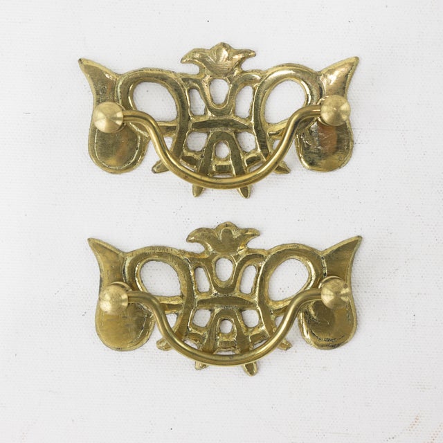 Metal Pair of Vintage Solid Brass Stylized Cabinet Drop Pulls With Ornate Openwork Design For Sale - Image 7 of 7