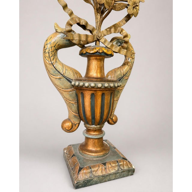 Green Monumental Italian Giltwood & Polychrome Dolphin and Floral Tole Candelabra For Sale - Image 8 of 9