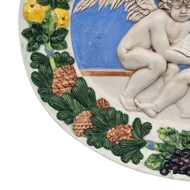 Italian Della Robbia Style Angels Oval Wall Platter 19.5" Glazed Relief Fruit For Sale - Image 9 of 14