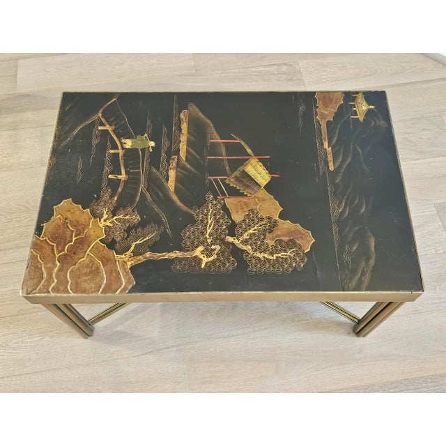 Chinoiserie French Mid-Century Chinoiserie Black Lacquered Gilt Metal End Table For Sale - Image 3 of 12