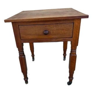 19th Century Antique Early American Primitive Style Solid Wood One Drawer Work-Side Table on Casters For Sale