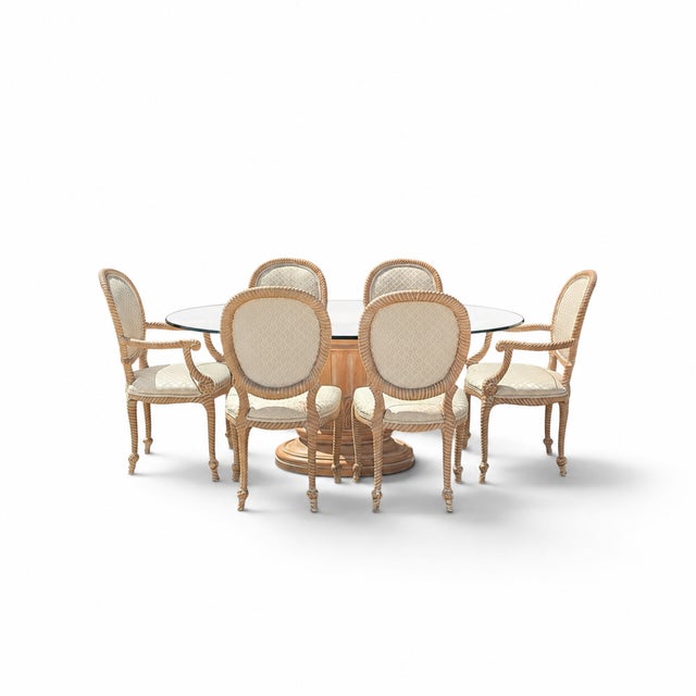 Vintage Carved Wood Oval Glass Dining Set With Six Upholstered Chairs For Sale - Image 18 of 18