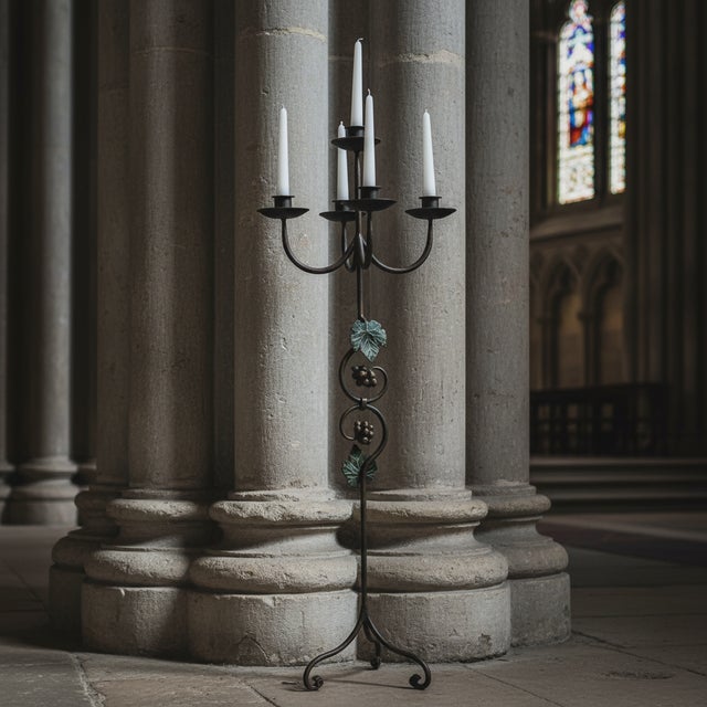 Rustic Hand Forged Iron Floor Candelabra 47″ (120cm) Antique Copper Patina 4-Arm 5-Candle Classic Scroll Holder Decor For Sale - Image 3 of 8