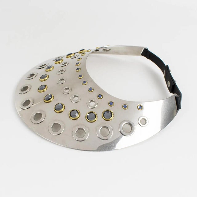 Sonia Rykiel Sonia Rykiel Silvered Metal Bib Necklace with Blue Glass Cabochons For Sale - Image 4 of 14