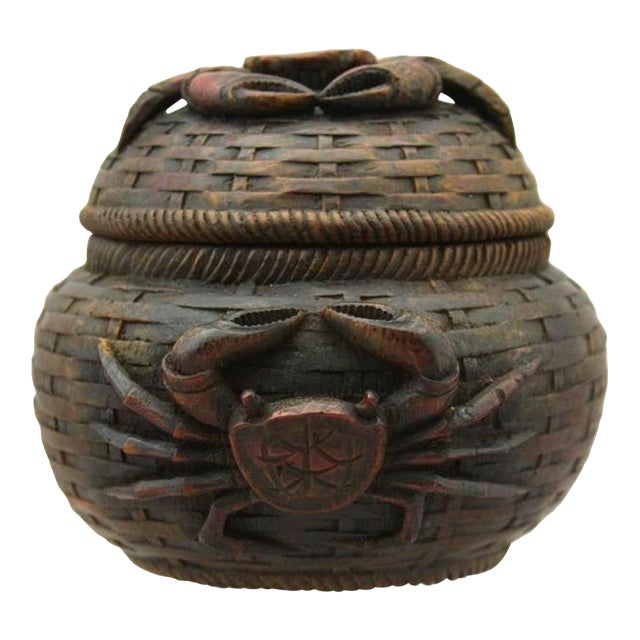 Antique Japanese Carved Wood Box With Basket Crab Motif, Circa 1900 For Sale