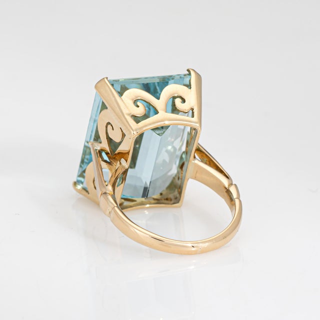 1950s 17ct Aquamarine Ring Icy Blue Vintage Mid Century 14k Gold Sz 5 Emerald Cut For Sale - Image 5 of 7