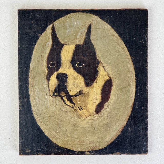 A most charming original oil on wood board Folk Art painting of a Boston Terrier. Elegant colors of olive green, antique...