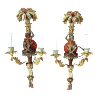 Vintage Italian Carved Wood Monkey Wall Sconces, Hand-Painted - a Pair For Sale