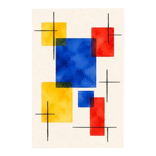Midcentury Modern Abstract Art Print – Blue, Red and Yellow Geometric Design, 40" X 60" For Sale