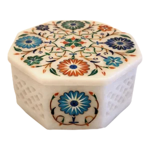 Vintage Pietra Dura Marble Octagon Floral Trinket Box