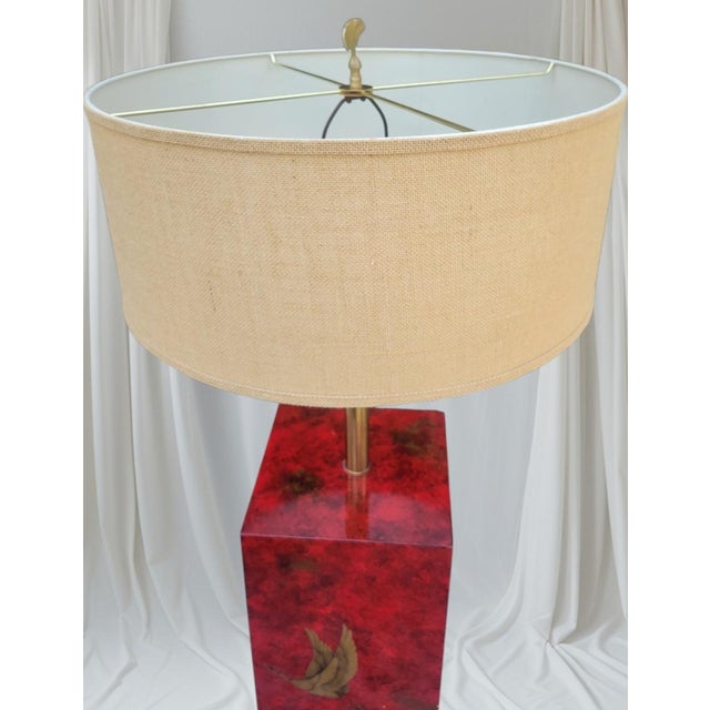 Rare Vintage Chinoiserie Red Lacquered Pedestal Bird Floor Lamp With Huge Linen Shade For Sale In West Palm - Image 6 of 12