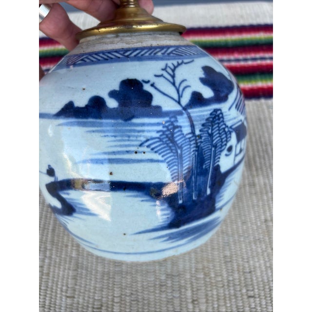 Late 19th Century Antique Chinese Blue & White Ginger Jar Table Lamp With Chinoiserie Landscape For Sale - Image 5 of 12
