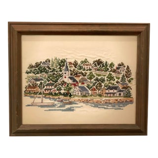 Harbor and Village and Sailboat on the Ocean Framed Textile Art Needlepoint Cross Stitch For Sale