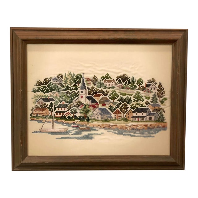 Harbor and Village and Sailboat on the Ocean Framed Textile Art Needlepoint Cross Stitch For Sale