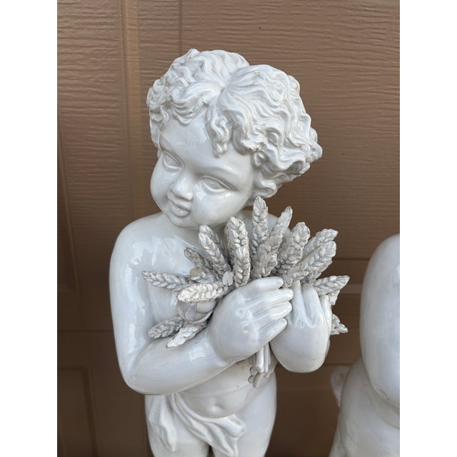 Mid 20th Century Neoclassical Italian White Porcelain Allegorical Cherub or Putti Statues of the Four Seasons, Set of 4 For Sale - Image 11 of 18