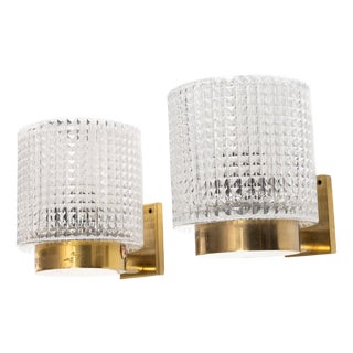 Brass and Glass Sconces by Carl Fagerlund for Orrefors, Sweden, 1960s, Set of 2 For Sale