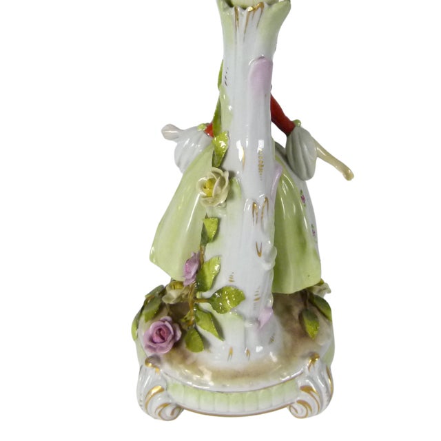 White Antique Von Schierholz German Porcelain Courtly Lady Figural Candlestick With Applied Roses and Leaves . Dresden Style For Sale - Image 8 of 16