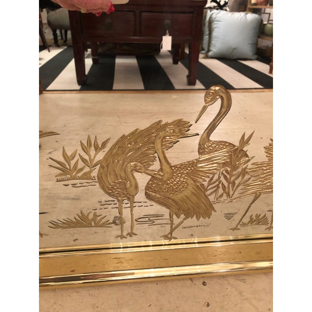 1970s Hollywood Regency Etched Mirror With Gold Eglomise Decoration and Brass Frame For Sale - Image 5 of 8