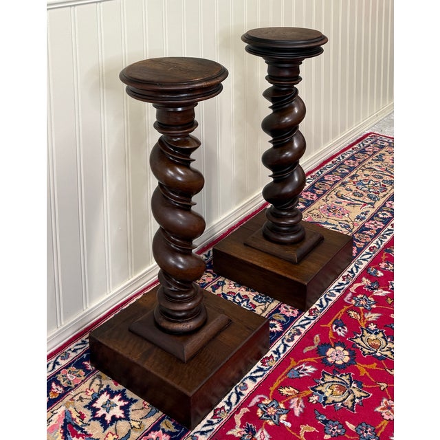 French Antique Pair French Louis XIII Barley Twist Pedestals Plant Stands Oak 33" T For Sale - Image 3 of 18