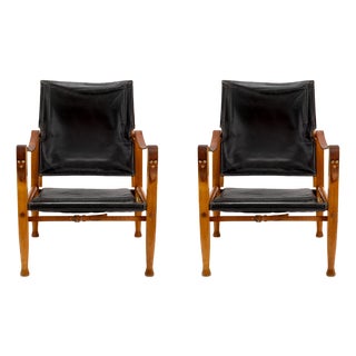 Vintage Safari Lounge Chairs in Black Leather by Kaare Klint for Rud Rasmussen, 1960s, Set of 2 For Sale