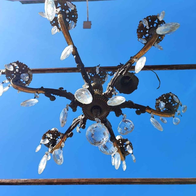 Vintage Six-Armed Chandelier with Glass Drops For Sale - Image 6 of 10