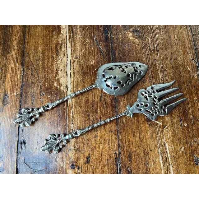 Vintage Grazzini Made in Italy Ornate Serving Utensils Spoon and Fork Set Silverplated For Sale - Image 4 of 10
