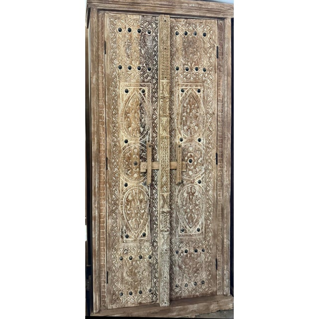 Wood Vintage Whitewashed Carved Wood Armoire – Rustic Library Storage Cabinet For Sale - Image 7 of 7