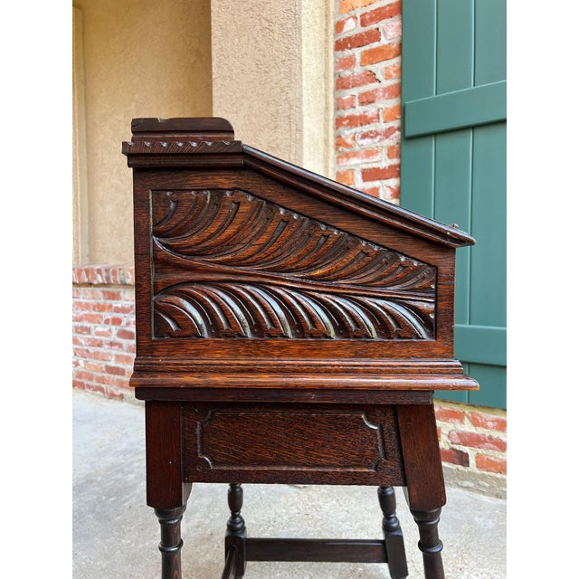 Antique English Slant Front Desk Display Stand Jacobean Carved Tiger Oak Lectern For Sale - Image 15 of 18