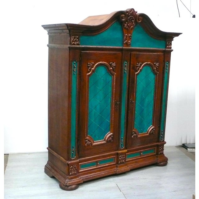 Wood Dark Oak and Turquoise 2-Door Linen Cabinet, 1920s For Sale - Image 7 of 7