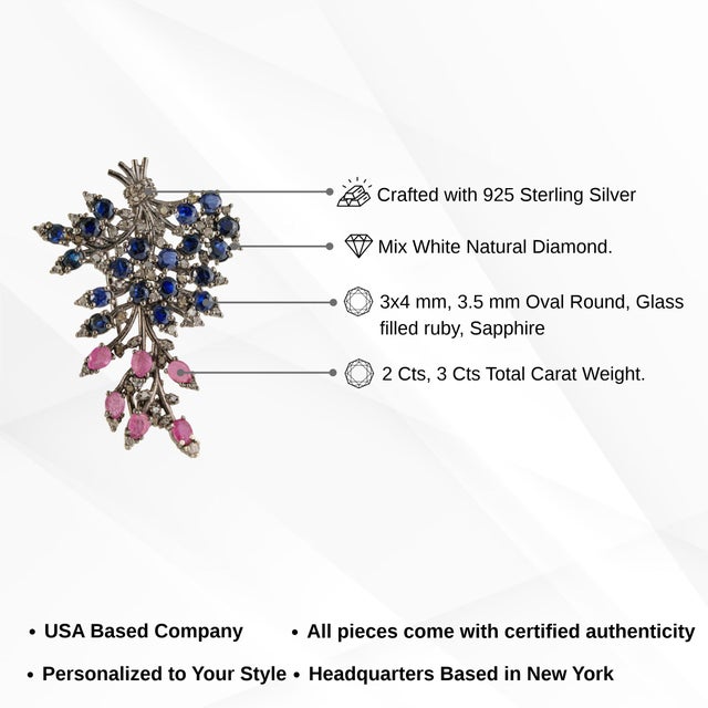 Late Victorian Style 5 Ct Blue Sapphire, Ruby & Diamond Jeweled Spray Brooch Pendant For Sale - Image 11 of 14