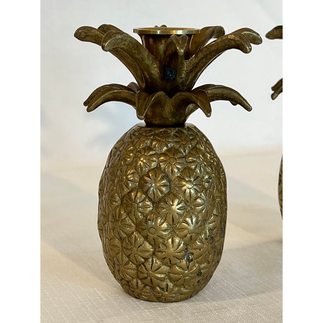 Mid 20th Century Vintage Pair Hollywood Regency Brass Pineapple Candlestick Holders With Floral Etching For Sale - Image 5 of 11