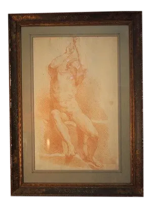 Early 19th Century Seated Male Red Chalk Study Drawing, Framed