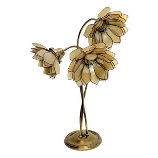 Vintage Brass Floral Table Lamp with Three Lotus Flowers, 1960s For Sale