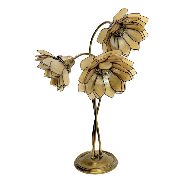 Vintage Brass Floral Table Lamp with Three Lotus Flowers, 1960s For Sale
