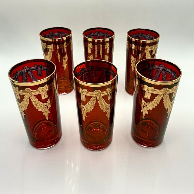 1980s Italian Red Highball Glasses with 24k Gold Garlands from Interglass, 1980s, Set of 6 For Sale - Image 5 of 14