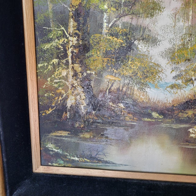 1970s R. Amutris Mid Century Modern Original Oil Painting Artist Signed River Forest Trees For Sale - Image 14 of 18