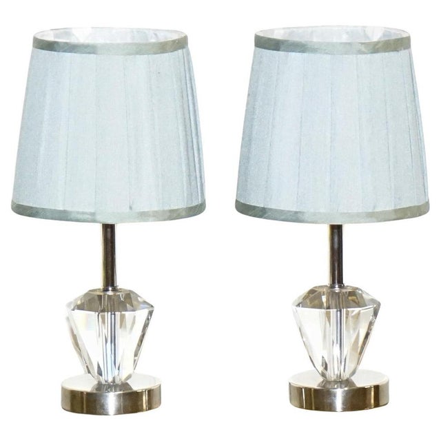 Diamond Glass on Stainless Steel Base Table Lamps with Baby Blue Shades, Set of 2 For Sale - Image 10 of 10