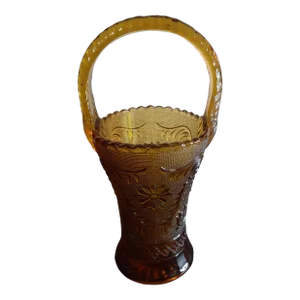 1960s Tiara Indiana Glass Amber Sandwich Tall Handled Basket Vase