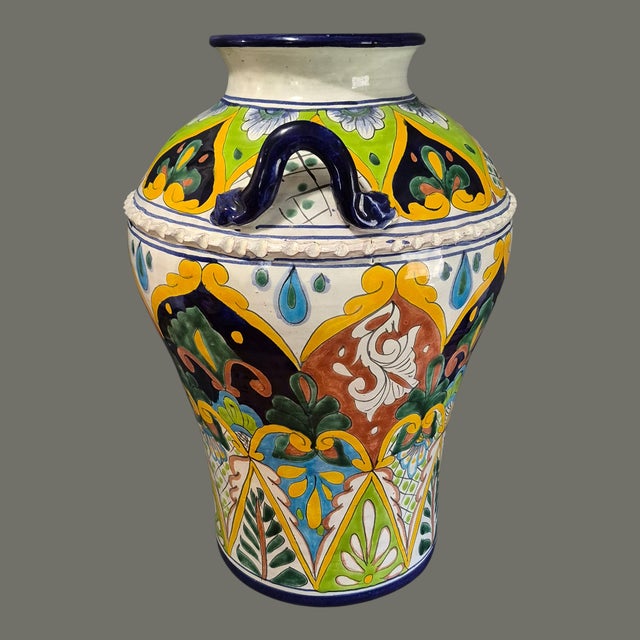 Late 20th Century Tall Colorful Hand Painted Mexican Pottery Talavera Floor Vase Jug 19'' High For Sale - Image 5 of 10