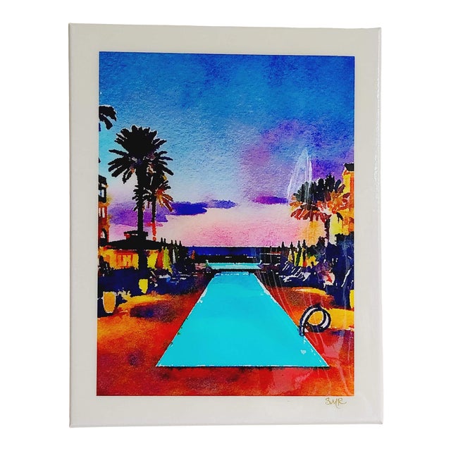 Tropical Island Sunset - Contemporary Swimming Pool Art Digital Watercolor Print by Suzanne MacCrone Rogers For Sale