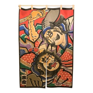 Early 20th Century Taisho Japanese Noren Curtain Tapestry Cotton Hand Painted Samurai Warriors For Sale