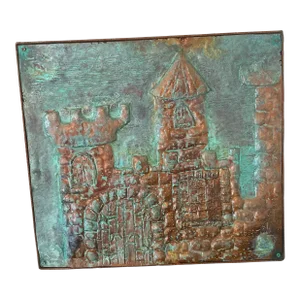 Early 21st Century Artist Made Brutalist Style Copper Castle Plaque