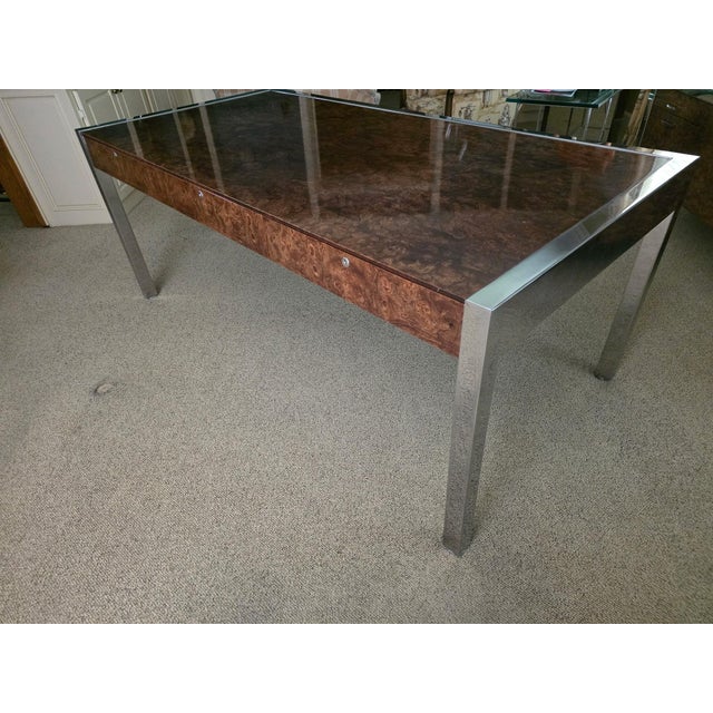 Brown 1970s Rare Leon Rosen for Pace Collection Burl Wood & Chrome Executive Desk For Sale - Image 8 of 11