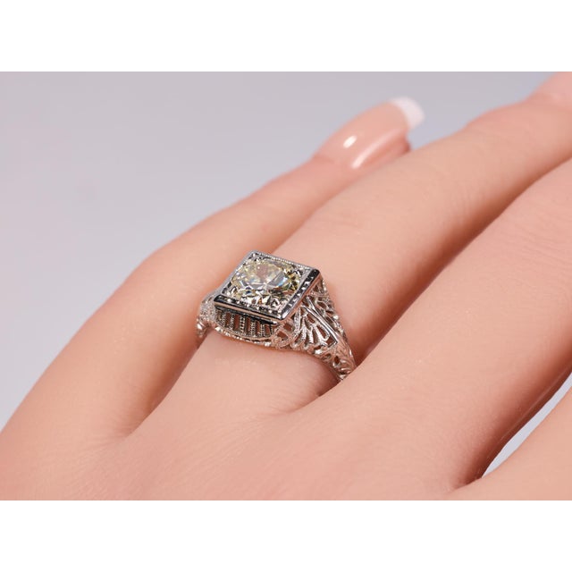 The Rebecca: Ladies 18 Karat White Gold Filigree engagement ring set with 1.30 Carat European Cut Diamond For Sale - Image 11 of 13