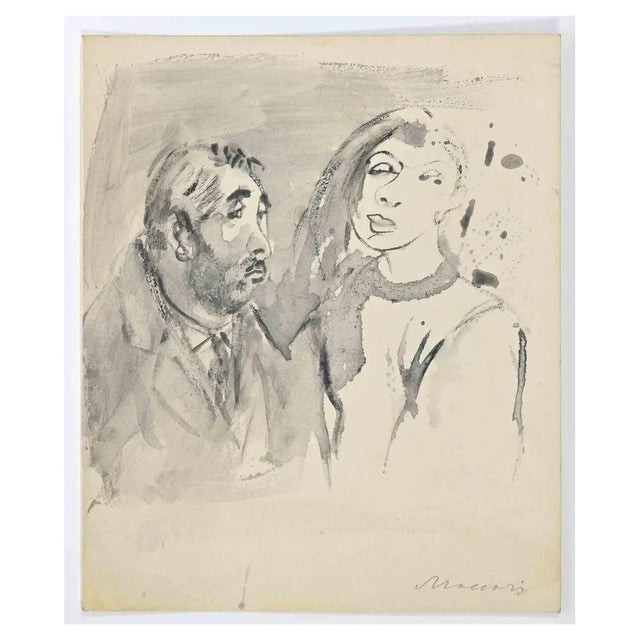 Mino Maccari, The Couple, Watercolor Drawing, 1940s For Sale