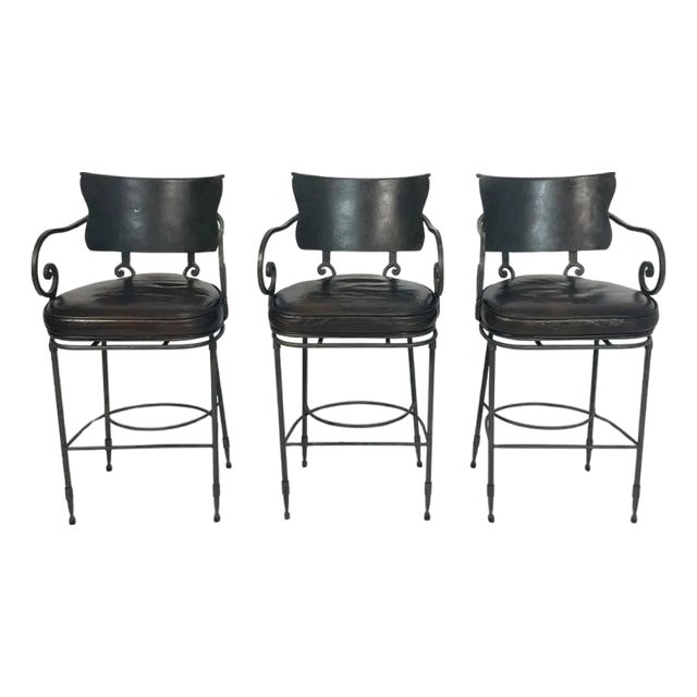 1990s Industrial Steel Counter Stools With Leather Seats, Set of 3 For Sale