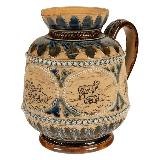 Antique Aesthetic Movement Doulton Lambeth Hannah Barlow Stoneware Jug Sheep, 1873 For Sale - Image 15 of 17